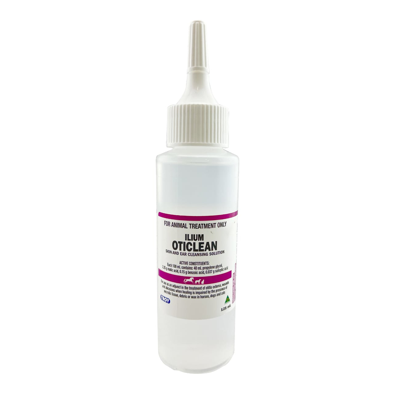 Ilium Oticlean Skin & Ear Cleaning Solution, 125ml bottle for pet health and hygiene.