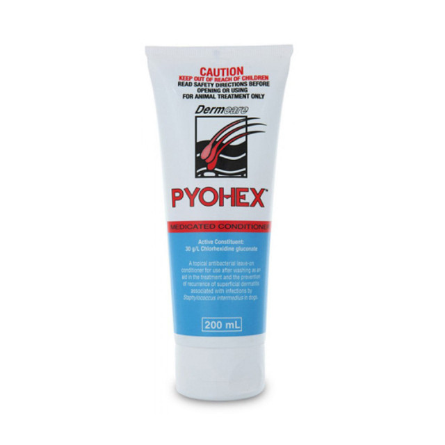 Dermcare Pyohex Medicated Conditioner 200ml for dogs, designed for pet health and skin care.