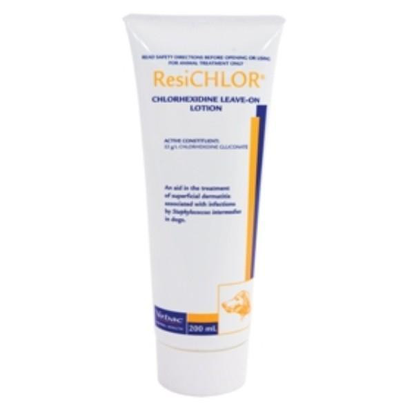 Virbac ResiCHLOR 200ml chlorhexidine leave-on lotion for treating skin infections in dogs.