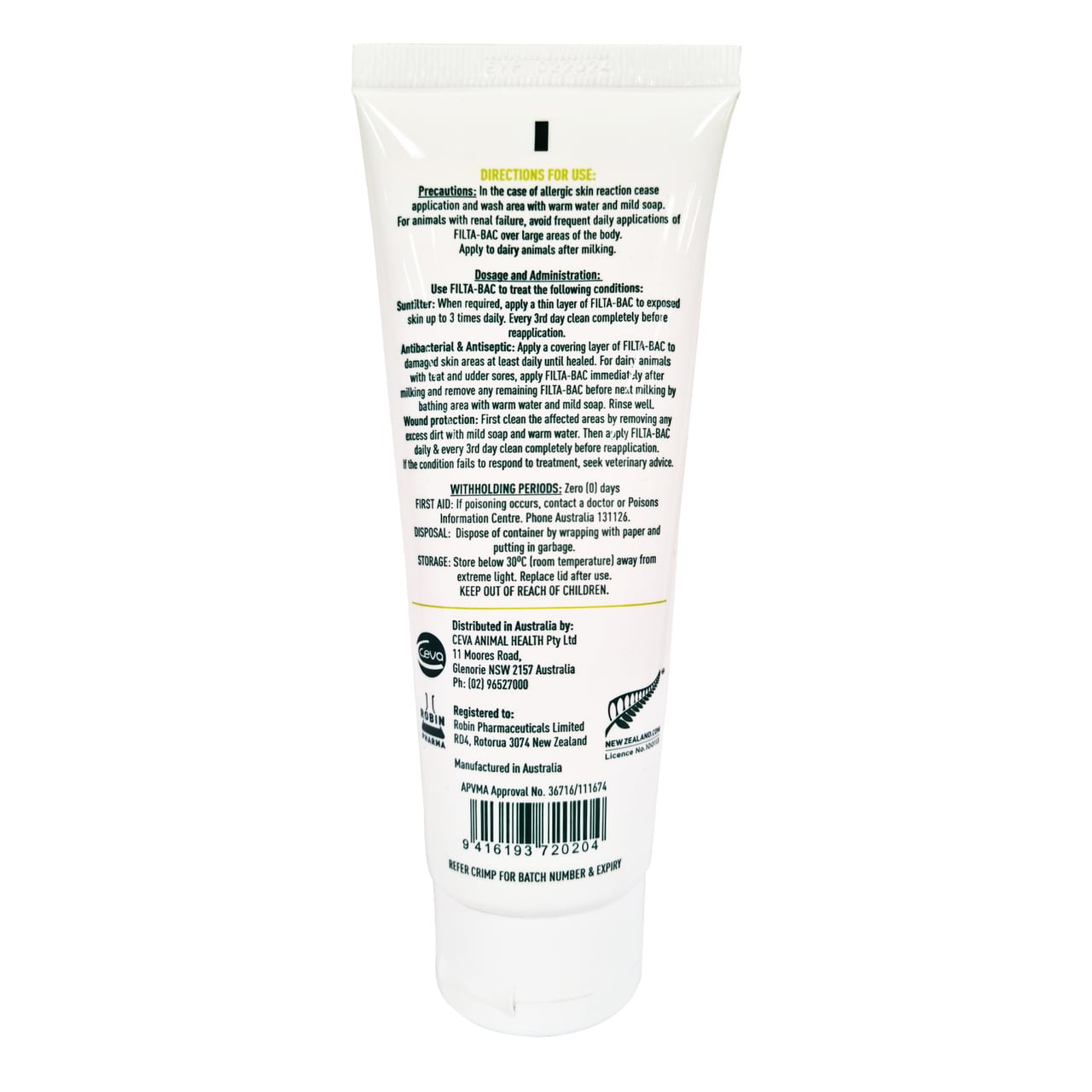 Filta-Bac Sunfilter & Antibacterial Cream 120g tube with usage instructions and ingredients.