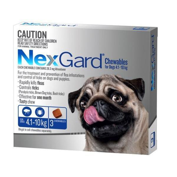 NexGard for Small Dogs 4.1-10kg, 3 pack, chewables for flea and tick control.