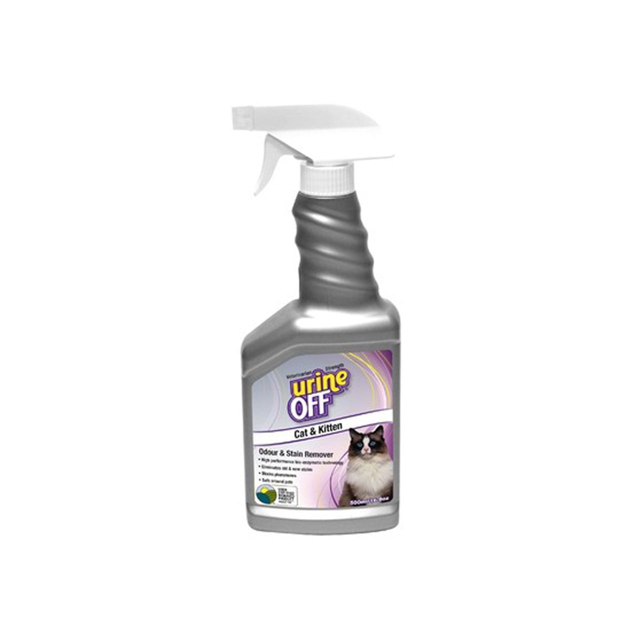 Urine Off Odour & Stain Remover for Cats, 500 mL spray bottle with a sleek design.
