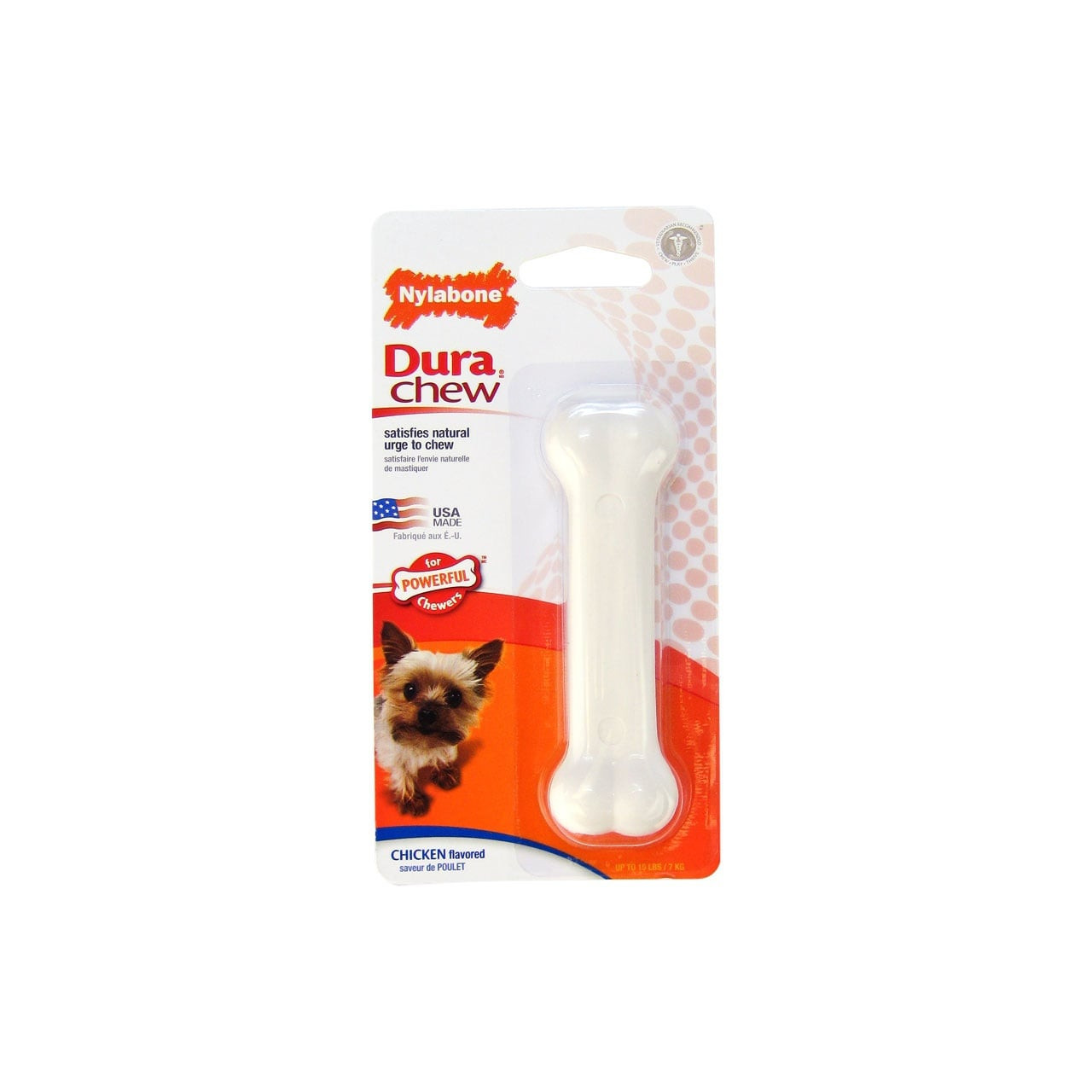 Nylabone Dura Chew Petite Chicken Flavour chew toy for small dogs, 4 inches long.