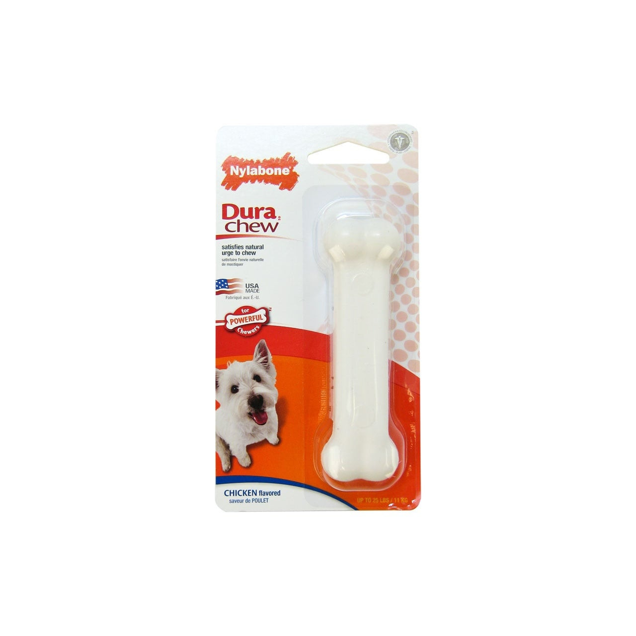 Nylabone Dura Chew regular chicken flavor dog chew toy in packaging for pet health.