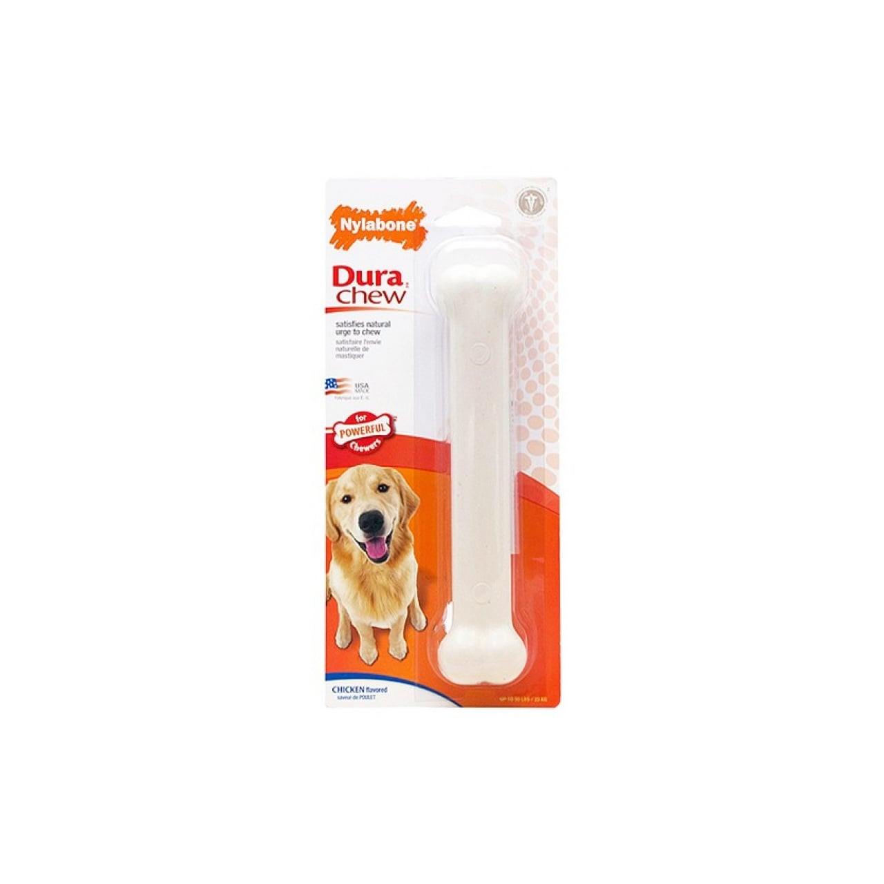 Nylabone Dura Chew Giant Chicken Flavour for dogs in a durable white bone shape.