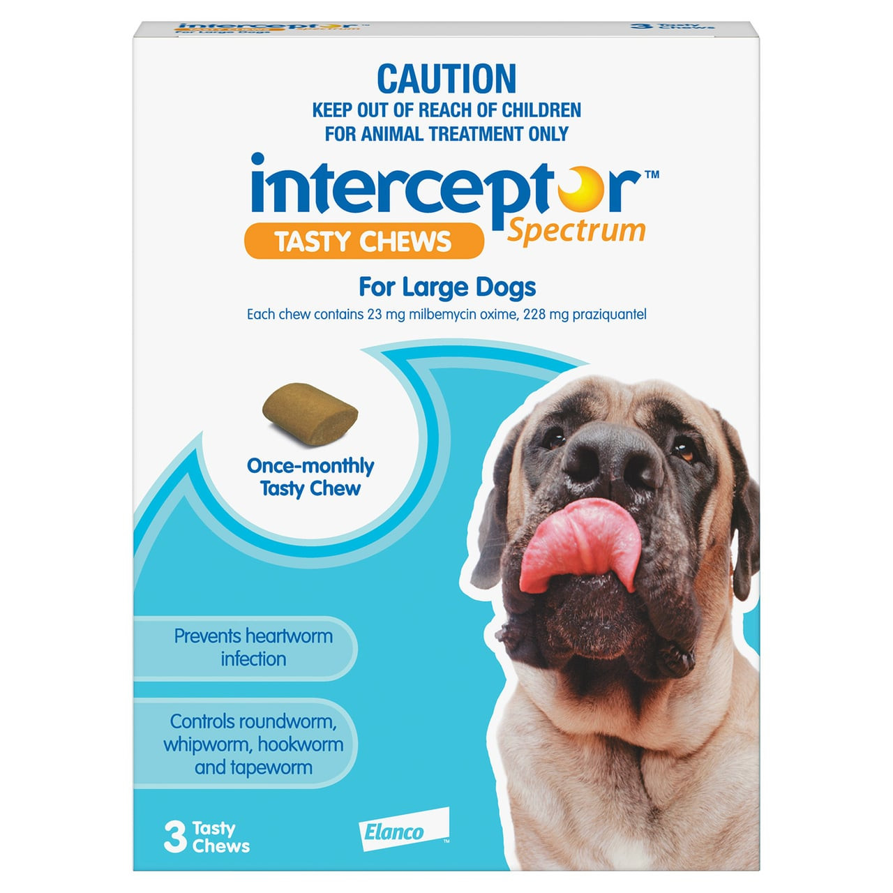 Interceptor Chews for Large Dogs 23-45 kg, blue packaging, three tasty chews for heartworm prevention.