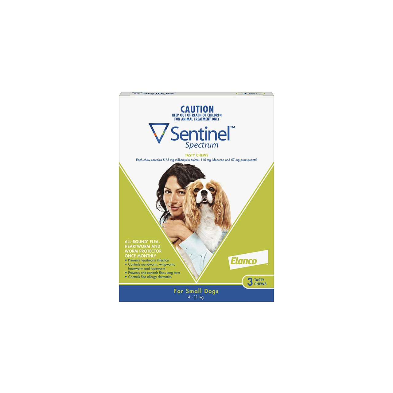 Sentinel Spectrum Tasty Chews for Small Dogs 4-11 kg, 3 pack with packaging and dog image.