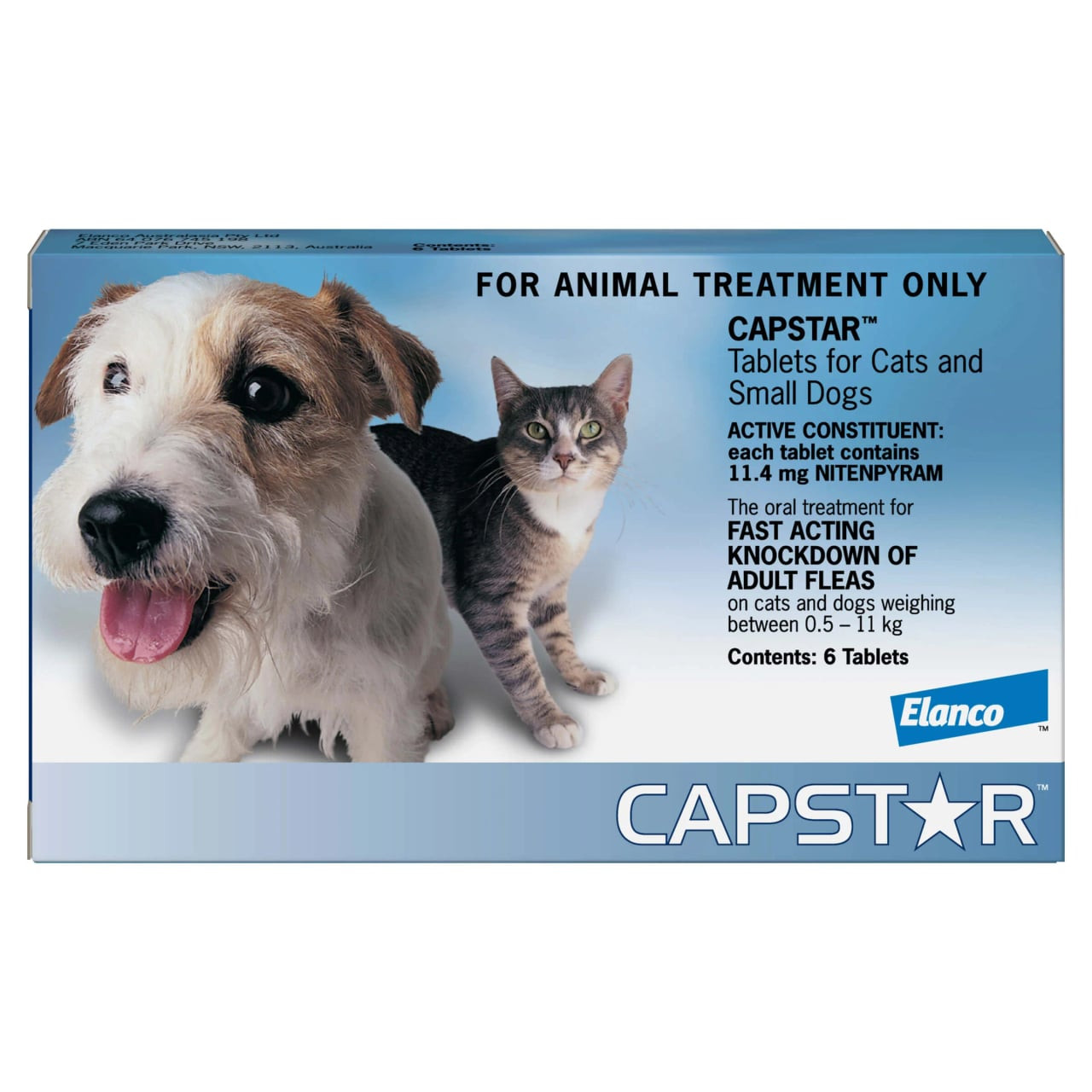 CAPSTAR Flea Tablets for small dogs and cats up to 11kg, 6 tablets packaging with dog and cat images.