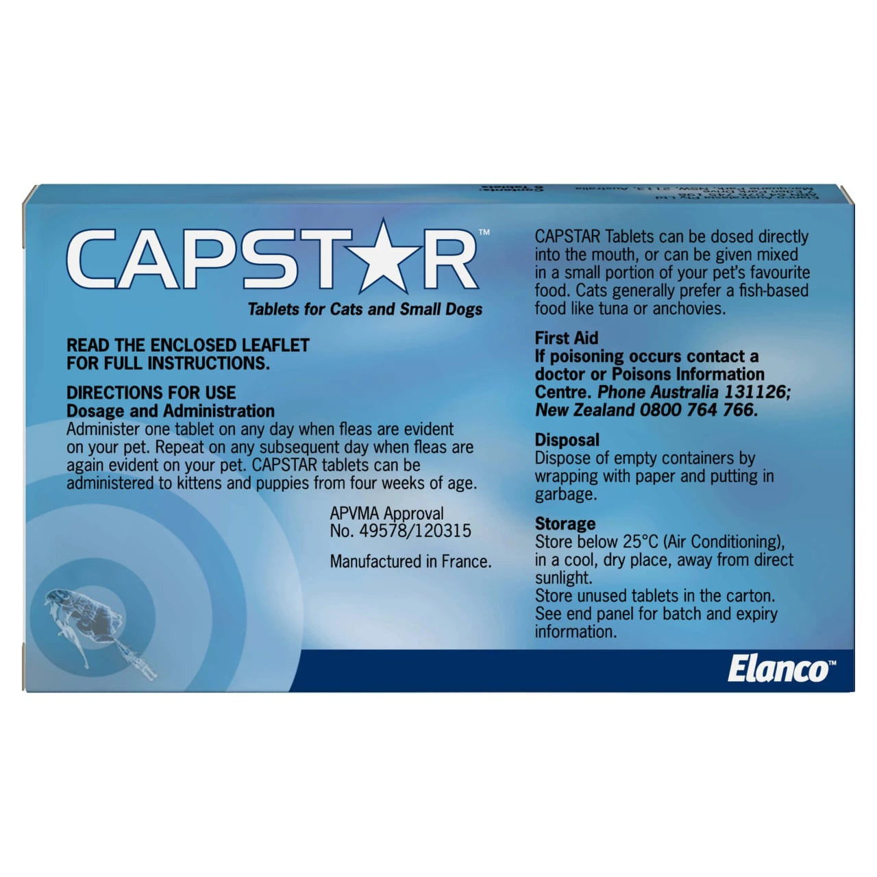 CAPSTAR Flea Tablets for small dogs and cats up to 11kg, 6 tablets box packaging.