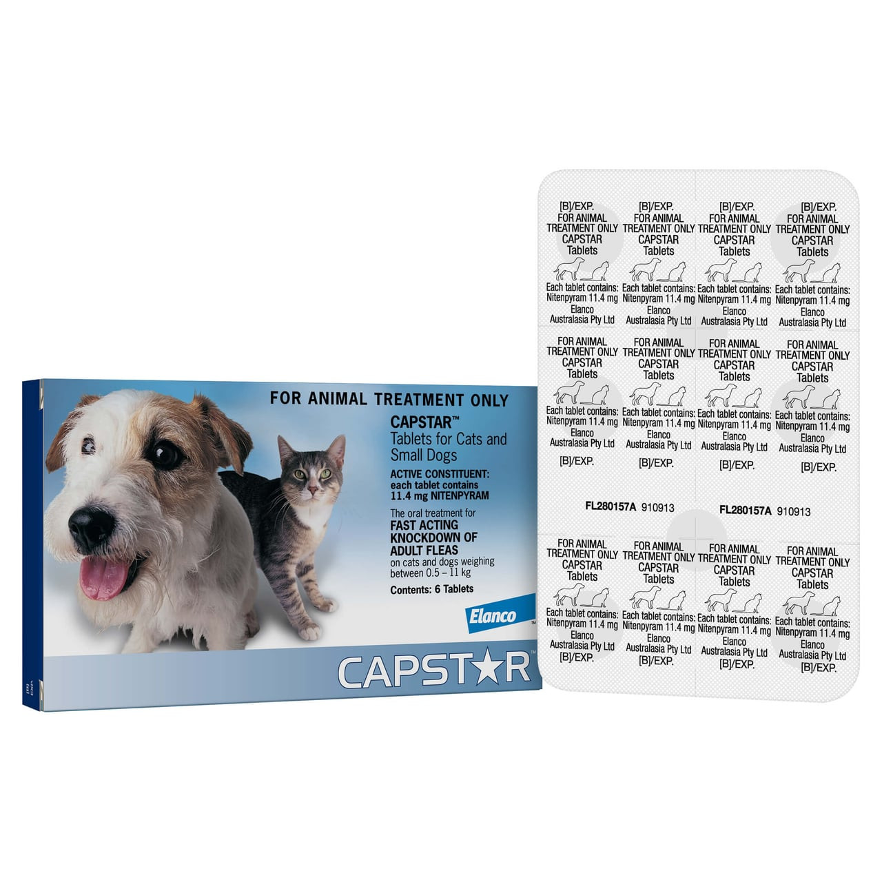 CAPSTAR Flea Tablets for small dogs and cats up to 11kg in blue packaging with tablets.