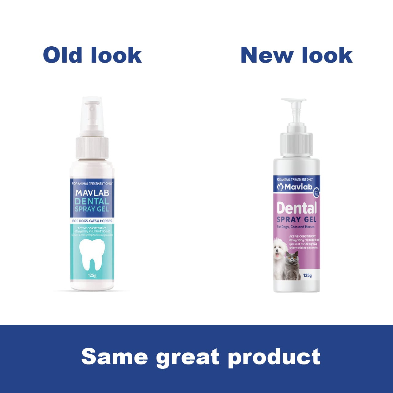 Mavlab Dental Spray Gel 125mL, featuring new packaging, promotes pet dental health for dogs and cats.