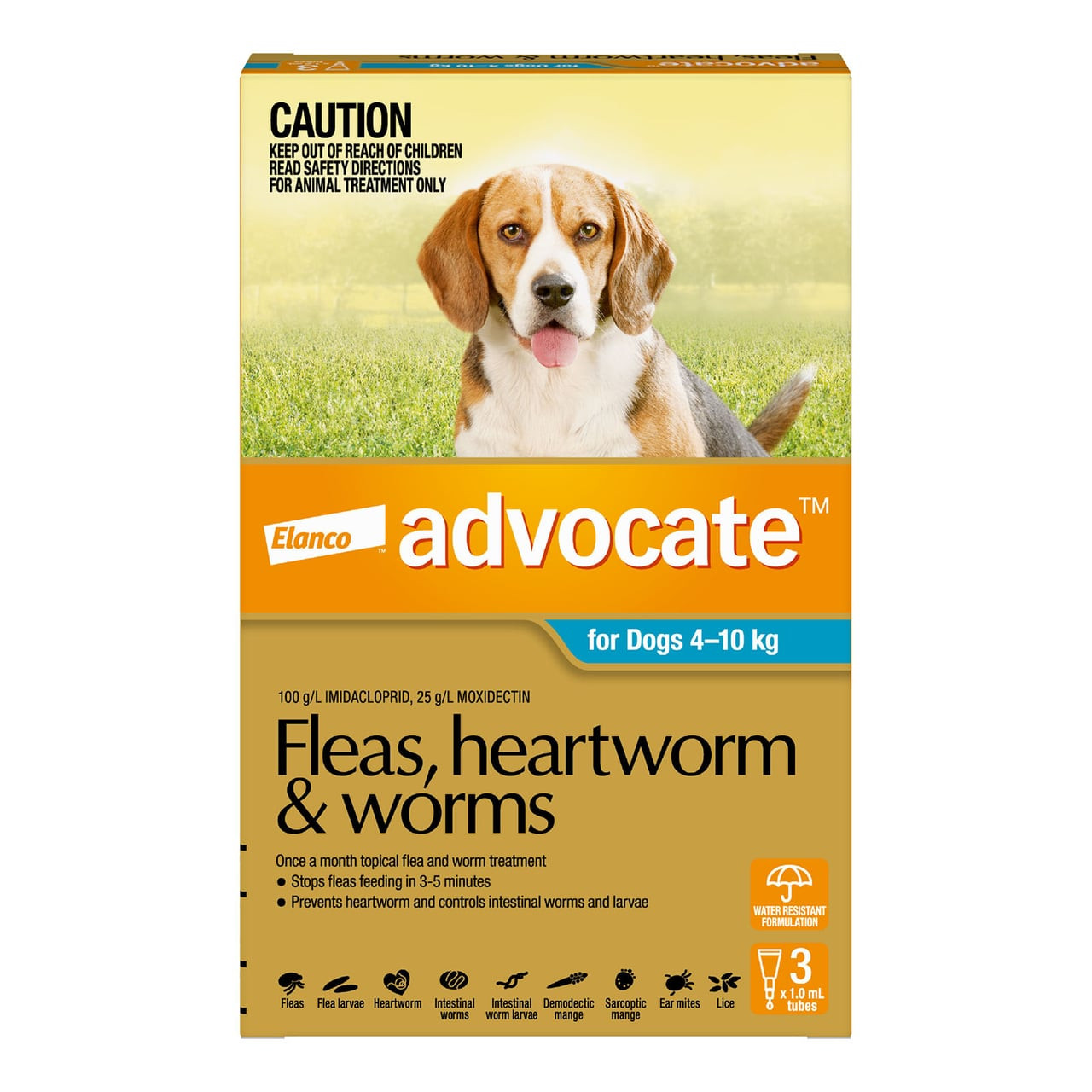Advocate for Dogs 4-10 kg, 3-pack treatment for fleas, heartworm, and worms.