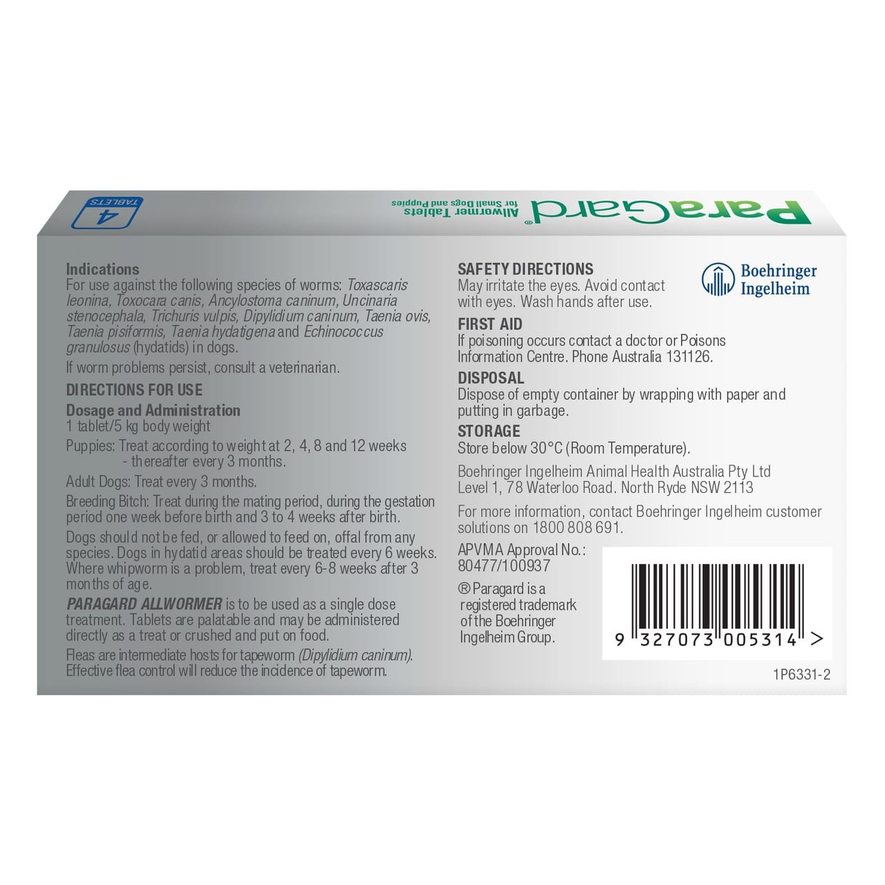 Paragard Allwormer for dogs, 5kg, 4 tablets, treats various worm infestations effectively.