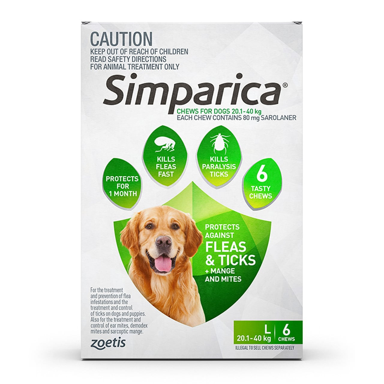 Simparica chews for large dogs 20.1-40kg, six tasty chews for flea and tick protection.