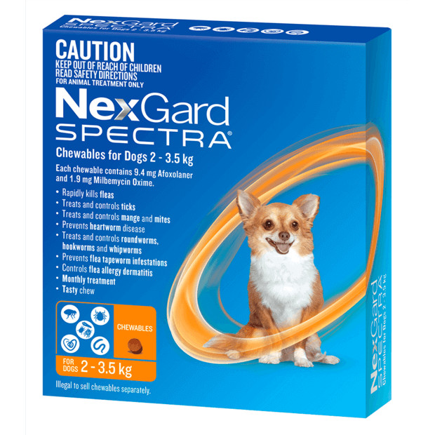 NexGard Spectra chews for very small dogs 2-3.5kg, effective pet health treatment, orange packaging.
