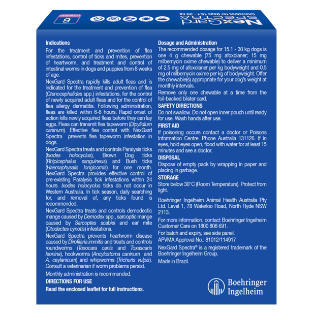 NexGard Spectra for Large Dogs 15.1-30kg, purple packaging with dosage instructions and safety info.
