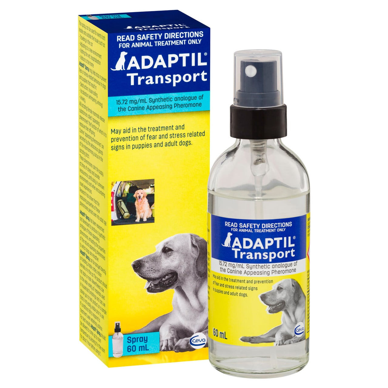 Adaptil Transport Spray 60mL for calming dogs during travel with pheromone formula.