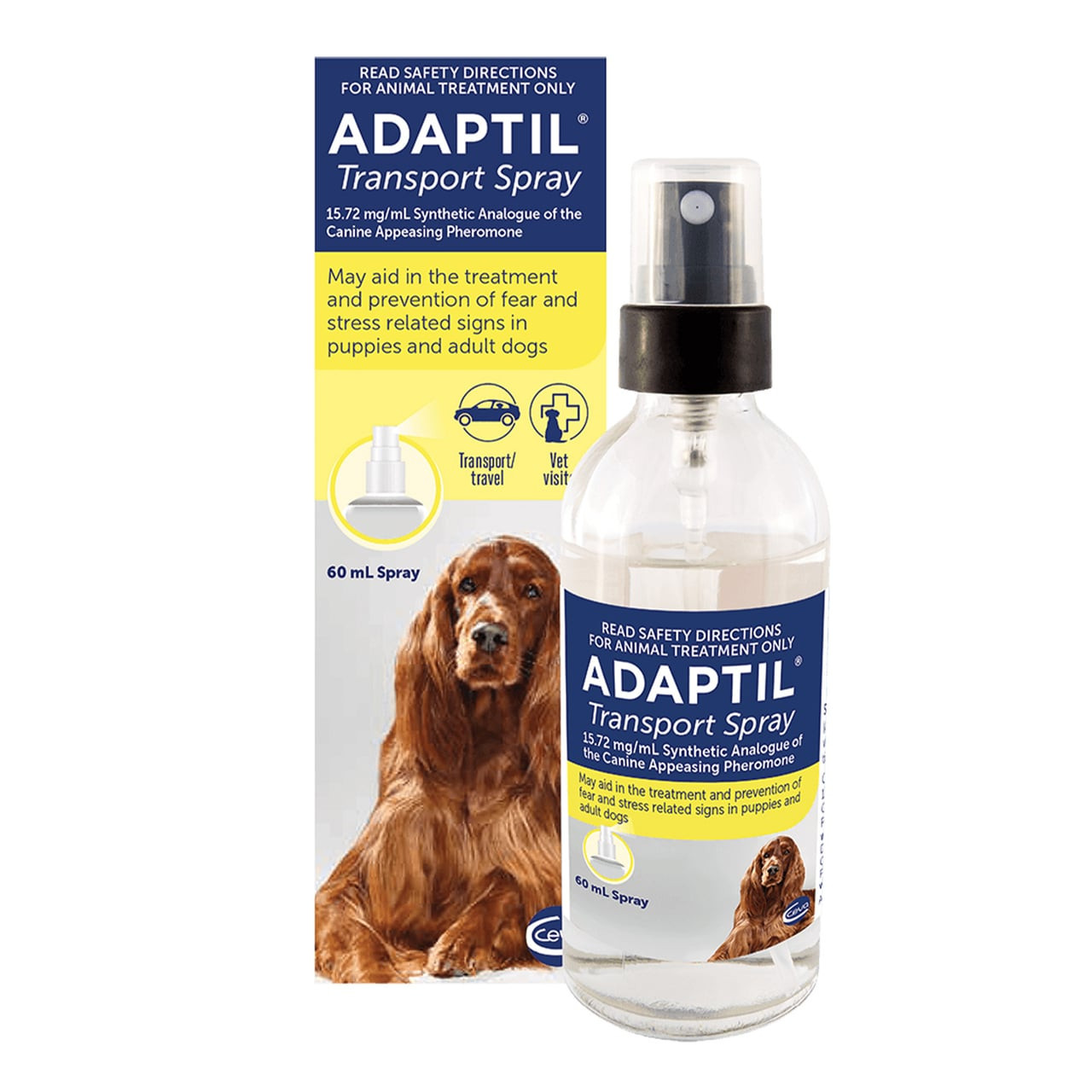 Adaptil Transport Spray 60mL for calming dogs during travel and reducing stress.