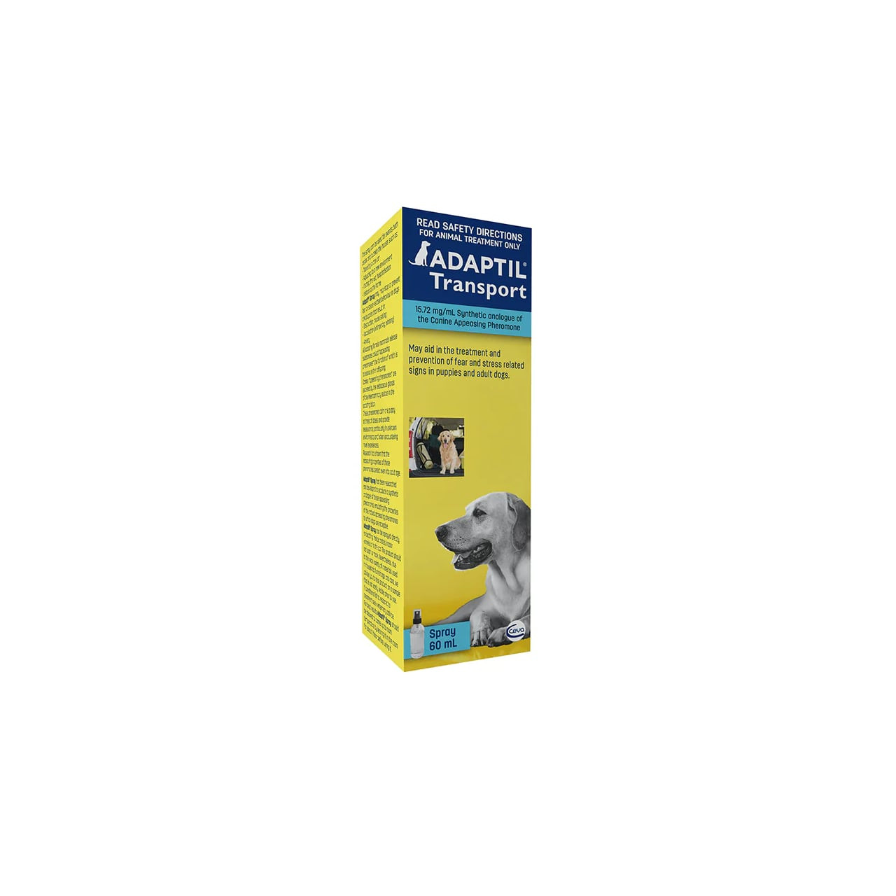 Adaptil Transport Spray 60mL in yellow packaging for calming dogs during travel.
