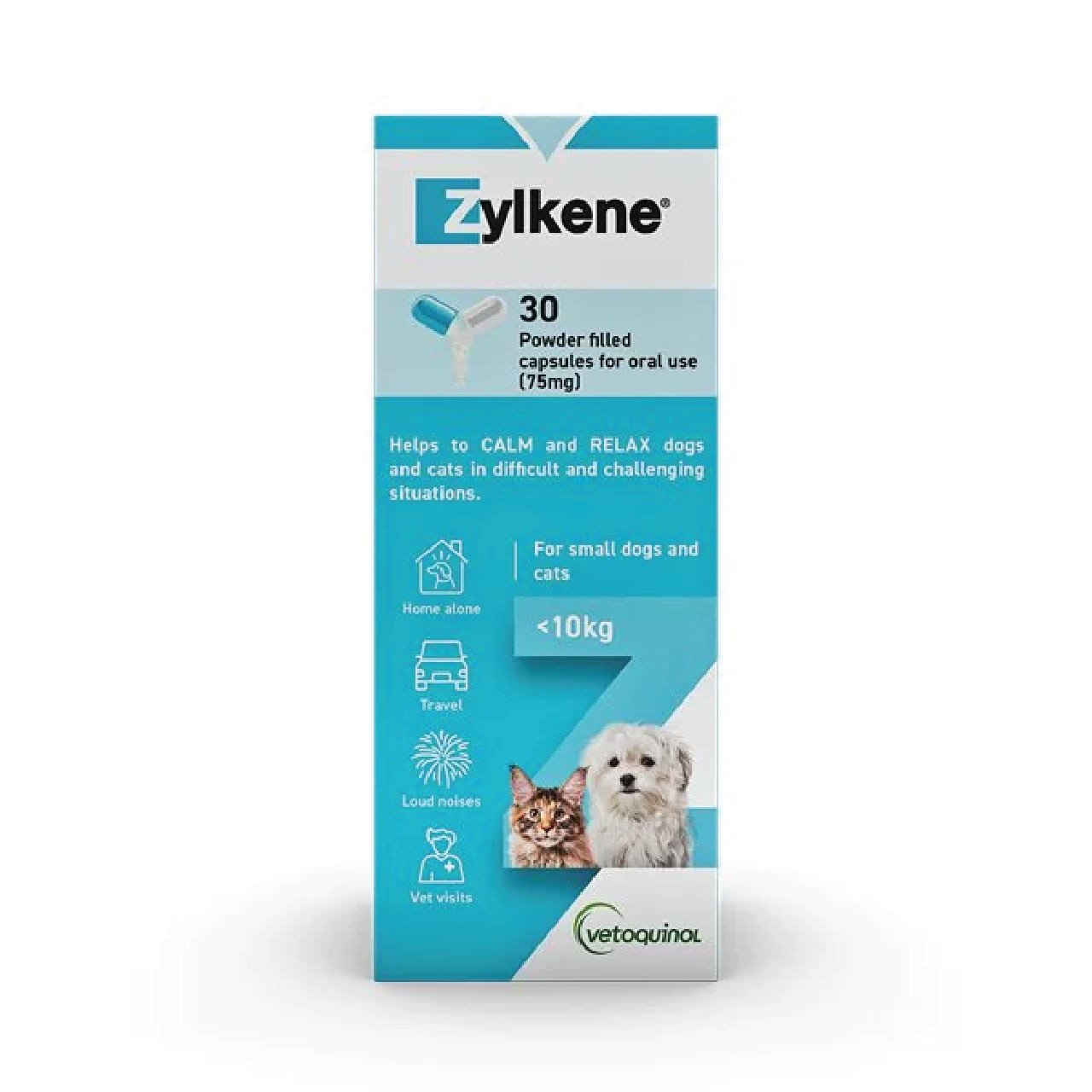 Zylkene Calming Supplement for dogs and cats under 10kg, 30 capsules, promotes relaxation.