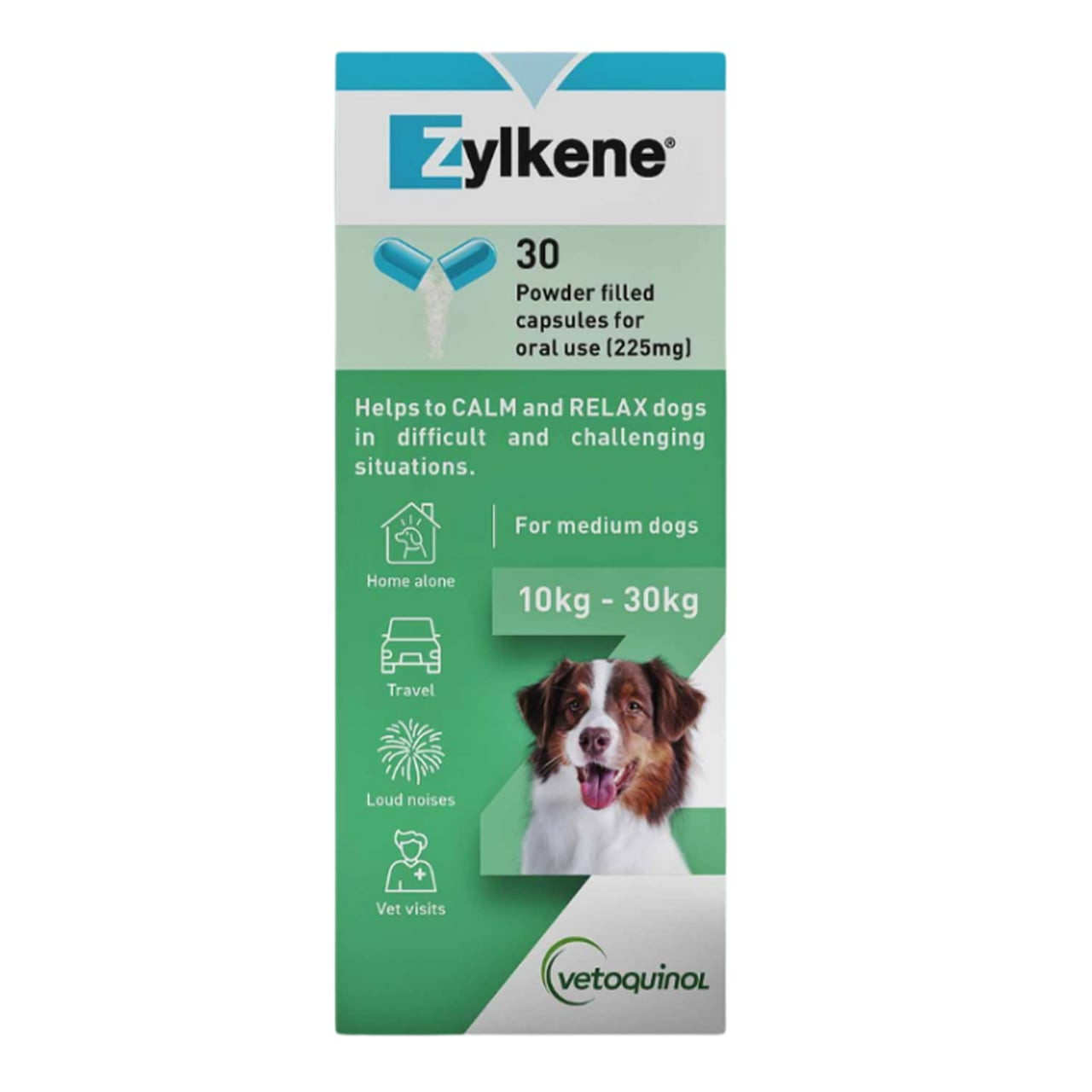 Zylkene Calming Supplement for medium dogs 10-30kg, 30 capsules for stress relief.