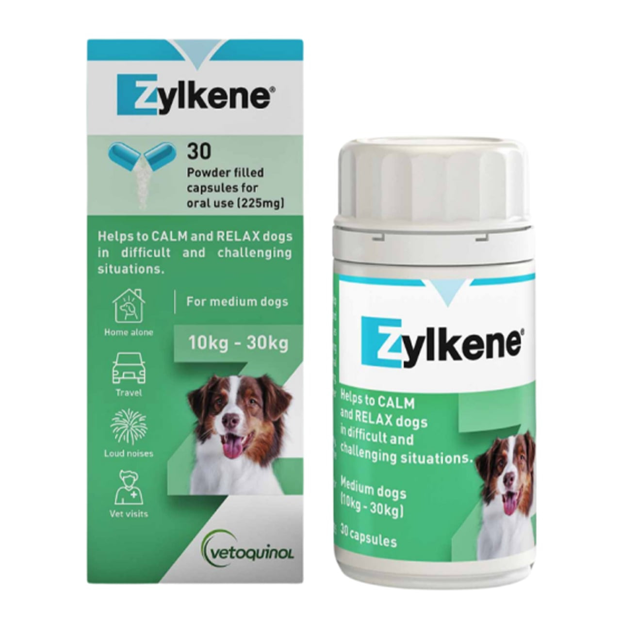 Zylkene Calming Supplement for Dogs 10-30kg, 30 capsules for stress relief and relaxation.