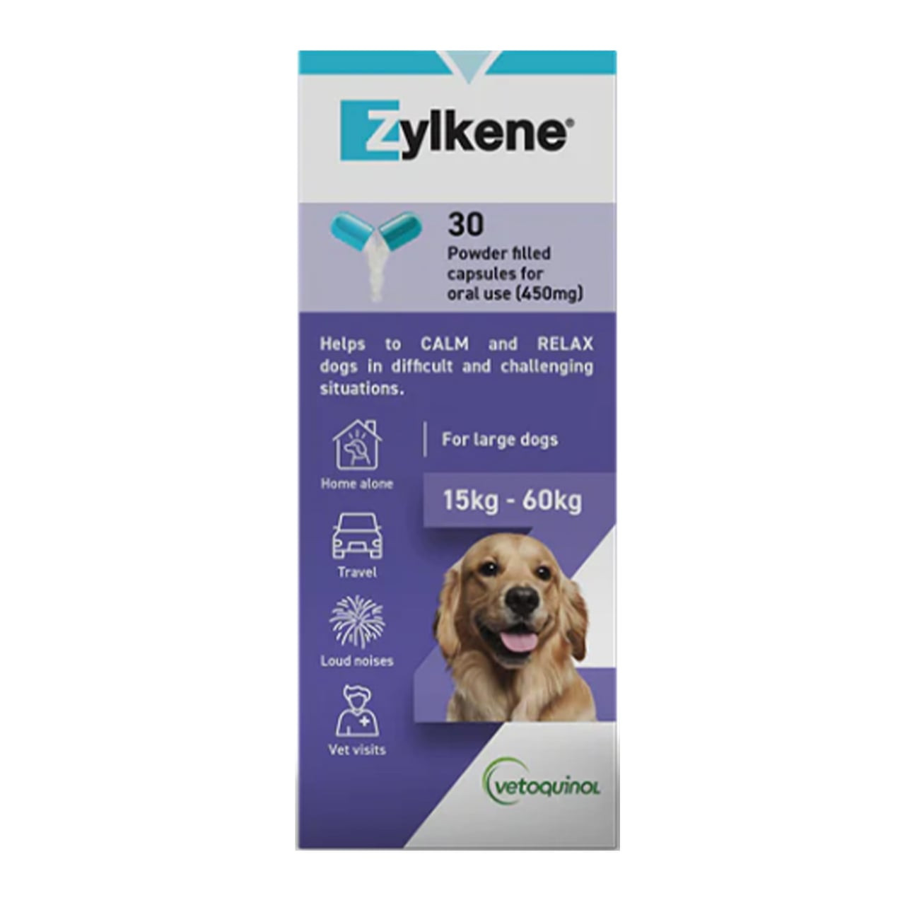 Zylkene Calming Supplement for dogs 15-60kg, 30 capsules, supports relaxation in stressful situations.