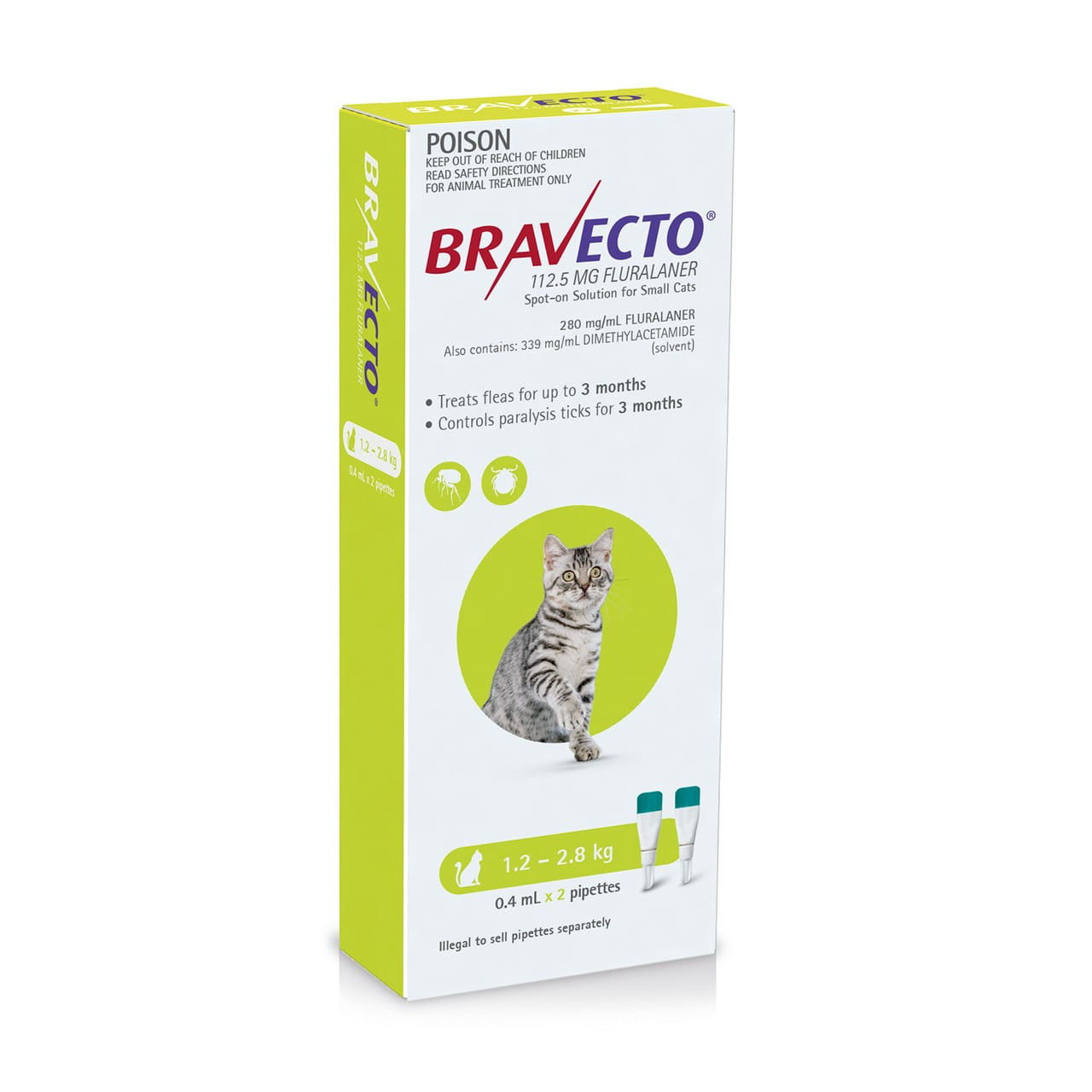 Bravecto Spot On for Cats Green, 2-dose pack for 1.2-2.8kg, flea and tick treatment.