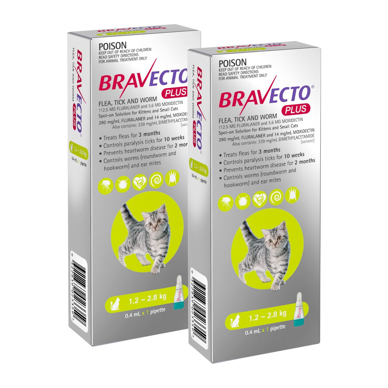 Bravecto PLUS Spot On for Cats, green packaging, 2 doses for 1.2-2.8 kg, flea and tick treatment.