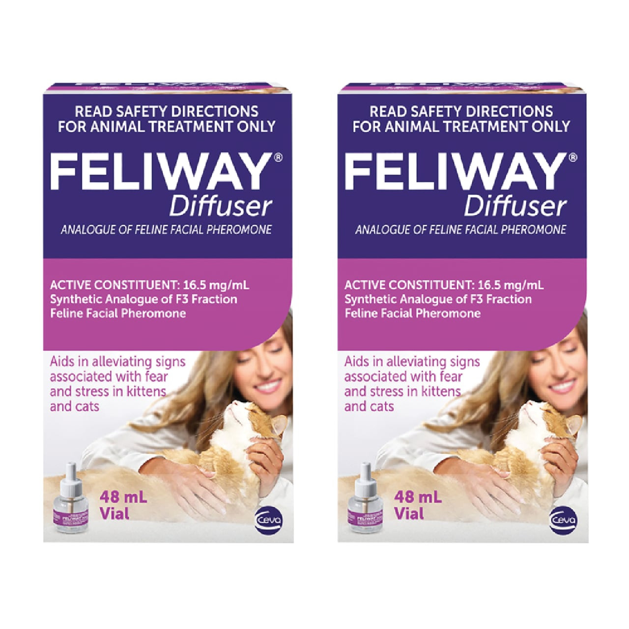 Feliway 48mL Diffuser Refill 2 Pack, designed to reduce cat stress and anxiety.