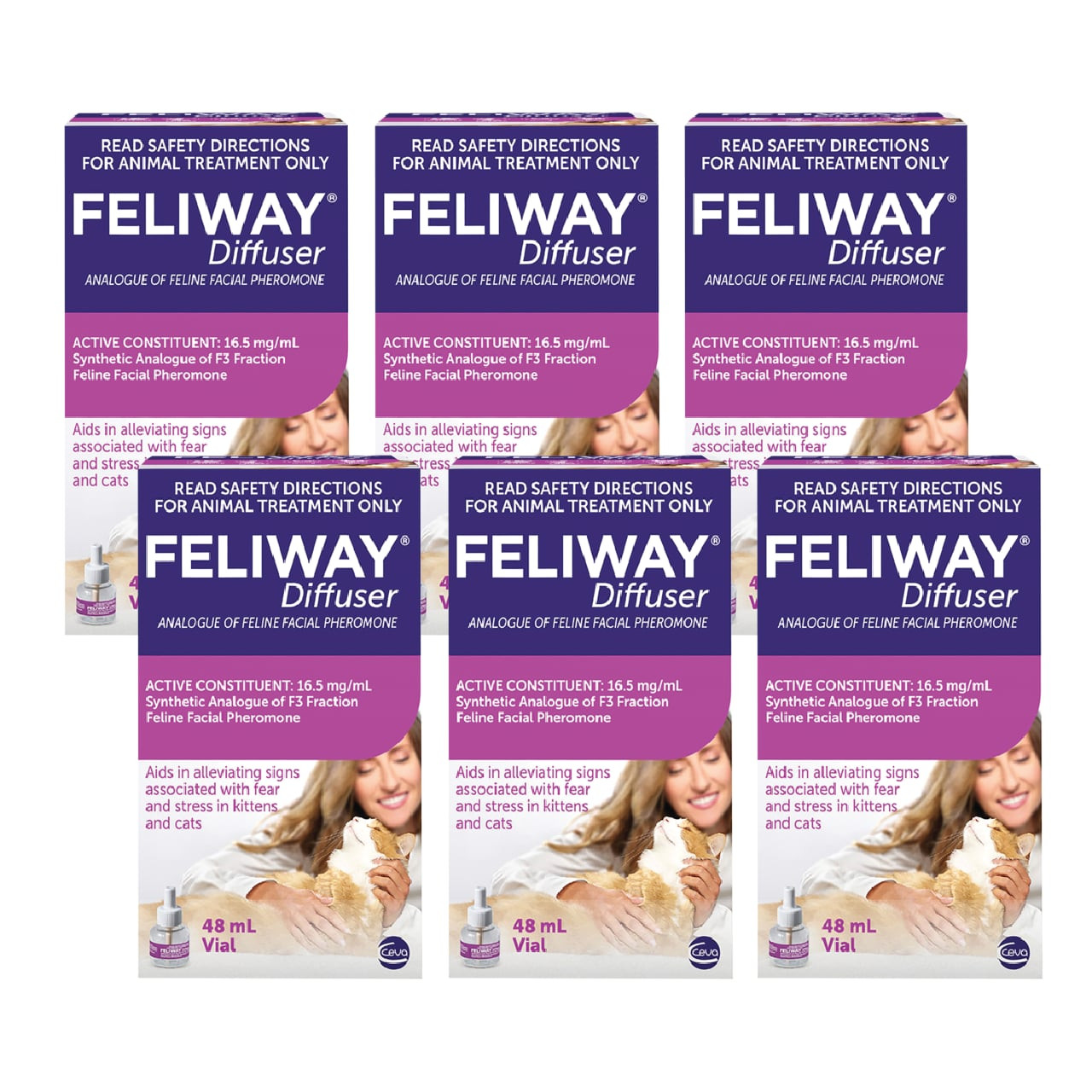 Feliway 48mL Diffuser Refill 6 pack, calming pheromone solution for cats, alleviates stress.