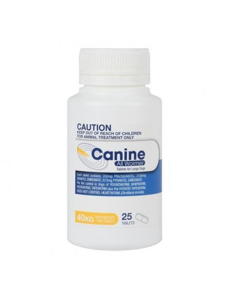 Canine All Wormer Tablets for dogs, 40kg, 25 tablets in a white bottle.