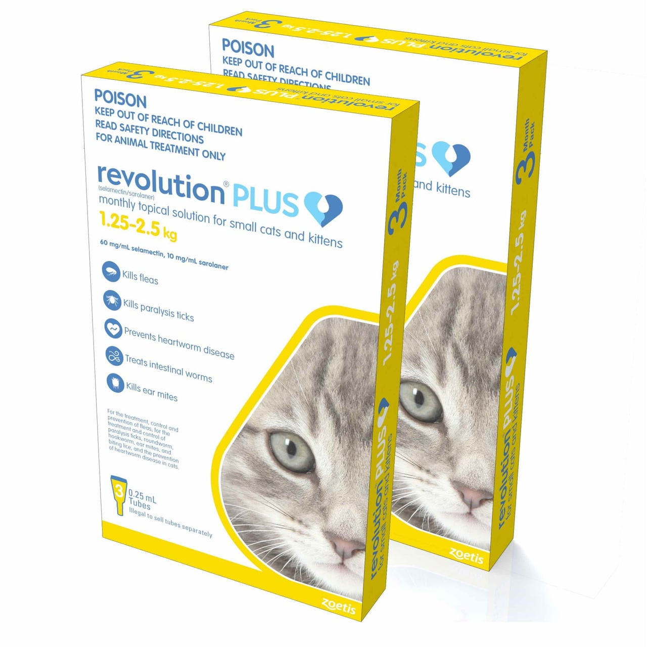 Revolution PLUS for Kittens and Small Cats packaging, gold box featuring 6 doses for parasite protection.