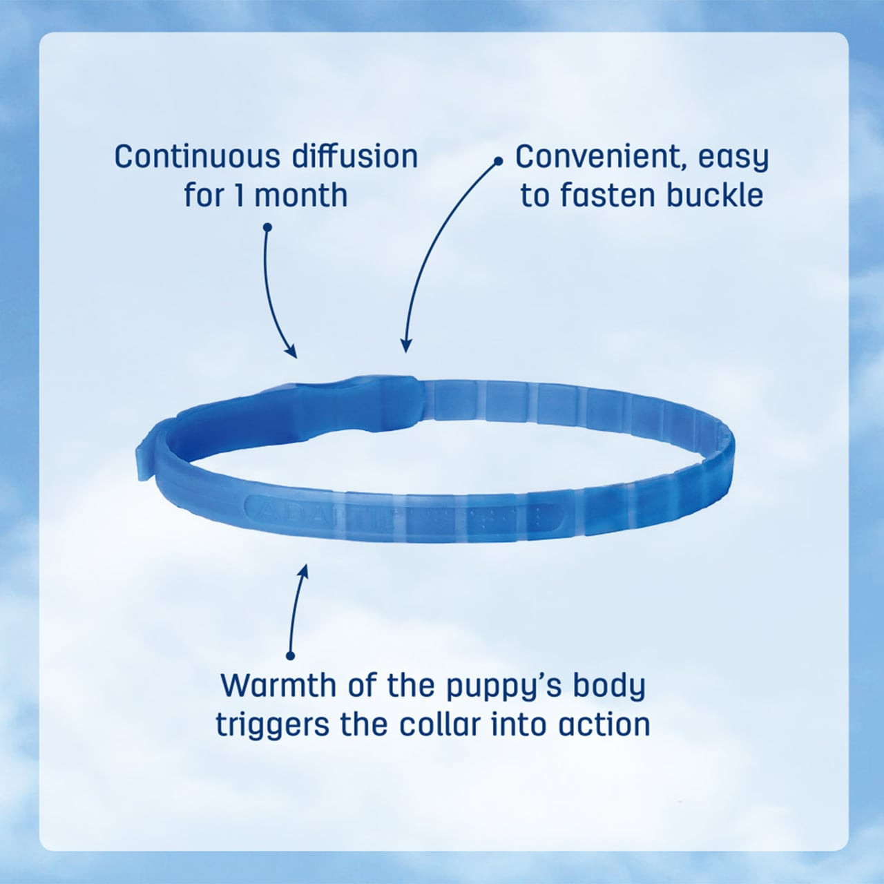 Adaptil Junior Calming Collar for Puppies, blue collar with fastening buckle, promotes puppy relaxation.