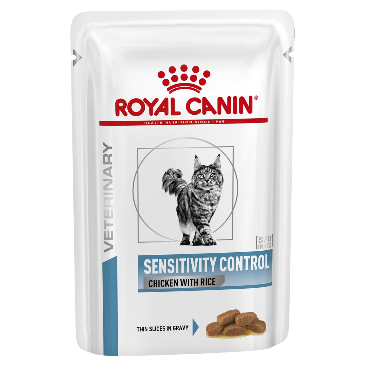 Royal Canin Veterinary Diet Feline Sensitivity wet food in 85g pouches for cat health.