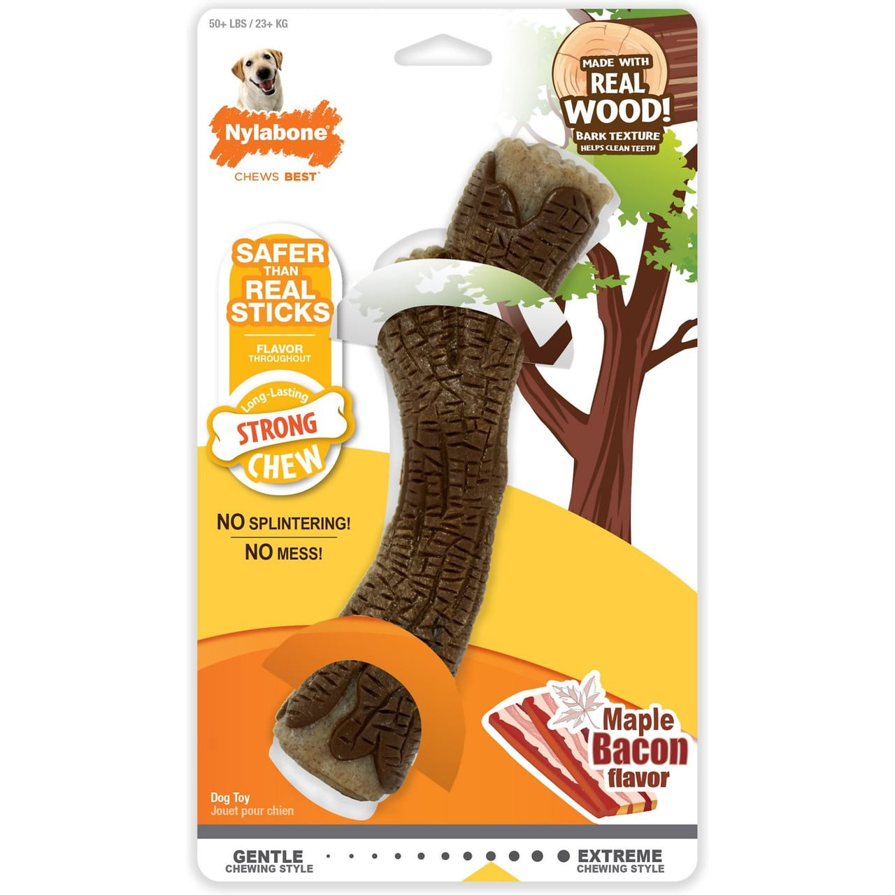 Nylabone Strong Maple Bacon Chew Stick Dog Toy in a large, bone shape with textured surface.