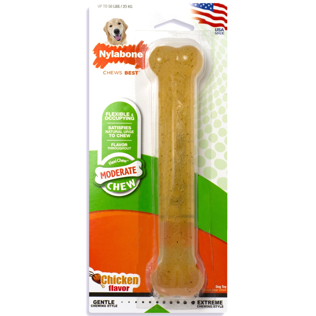 Nylabone Moderate Chew Chicken Chew Toy for giant dogs, flexible and flavorful bone.