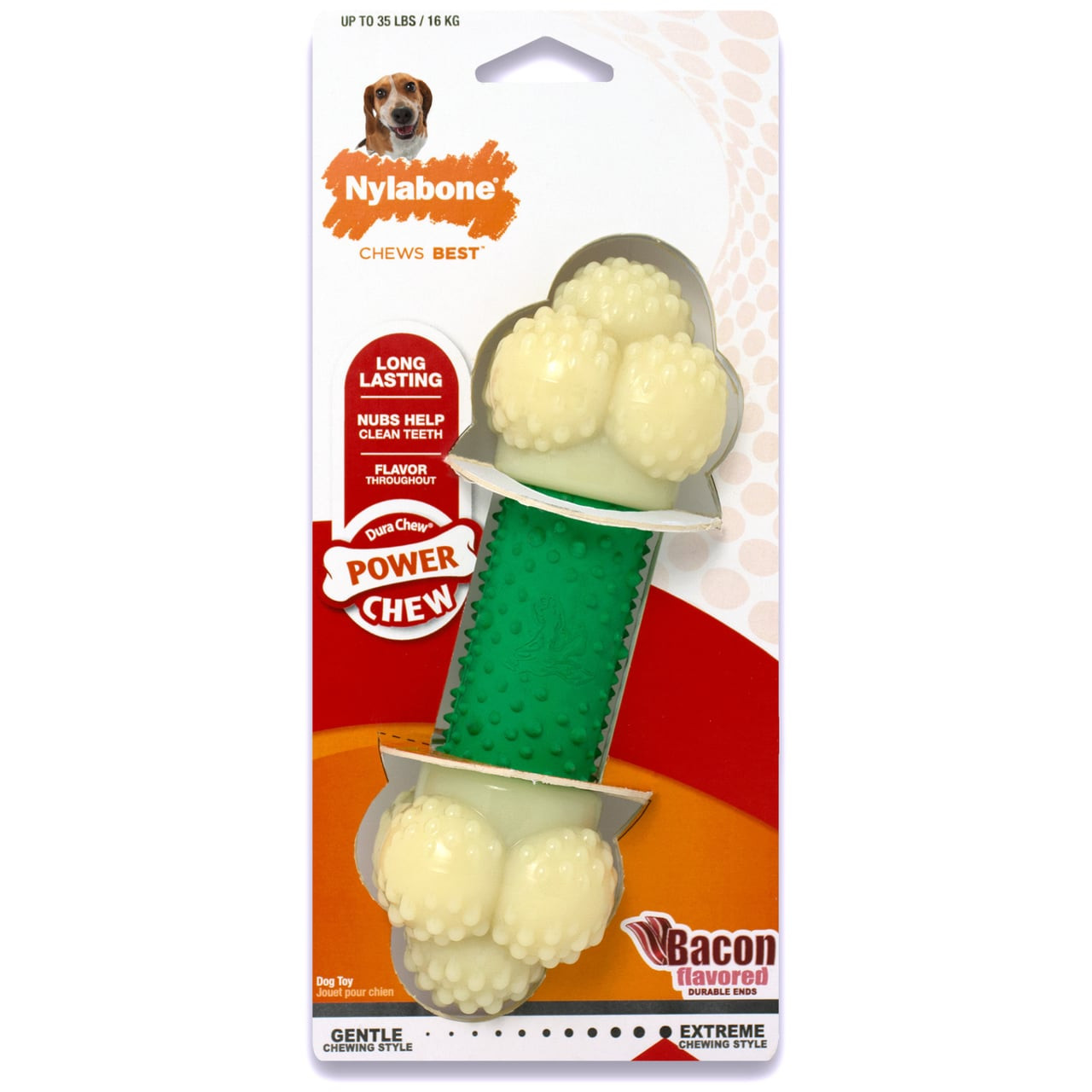Nylabone Power Chew Double Action Chew Toy in green and white, ideal for active dogs.