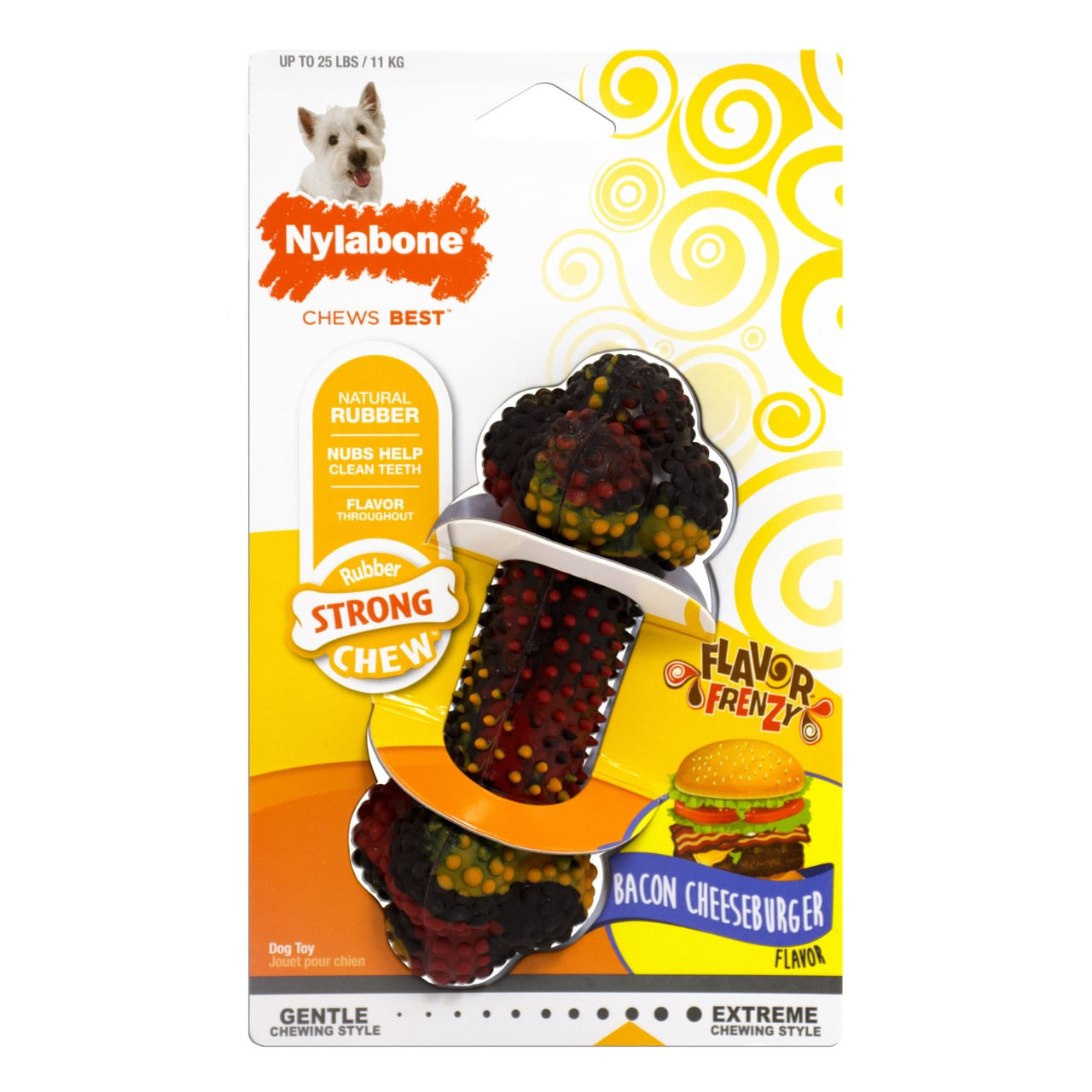 Nylabone Flavor Frenzy Bacon Cheeseburger chew toy for dogs, made of durable rubber.