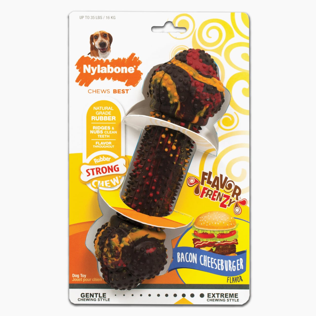 Nylabone Flavor Frenzy Bacon Cheeseburger chew toy, durable rubber for dogs.