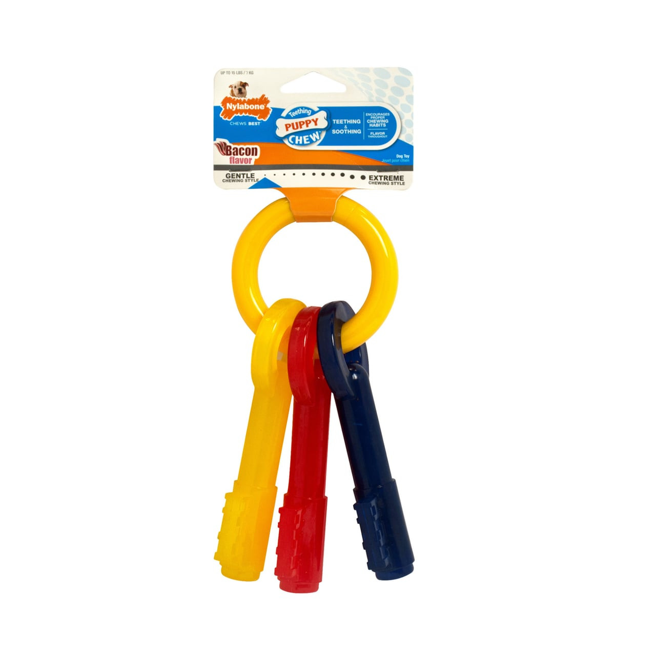 Nylabone Puppy Teething Keys X-Small in yellow, red, and blue colors for dental health.
