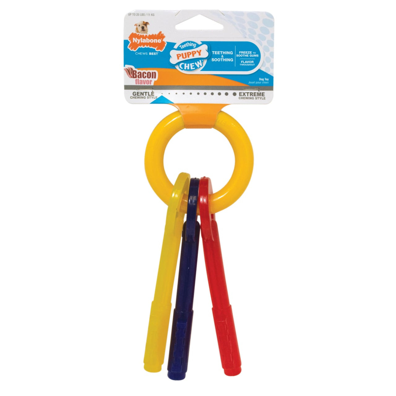 Nylabone Puppy Teething Keys in yellow, red, and blue for soothing teething puppies.