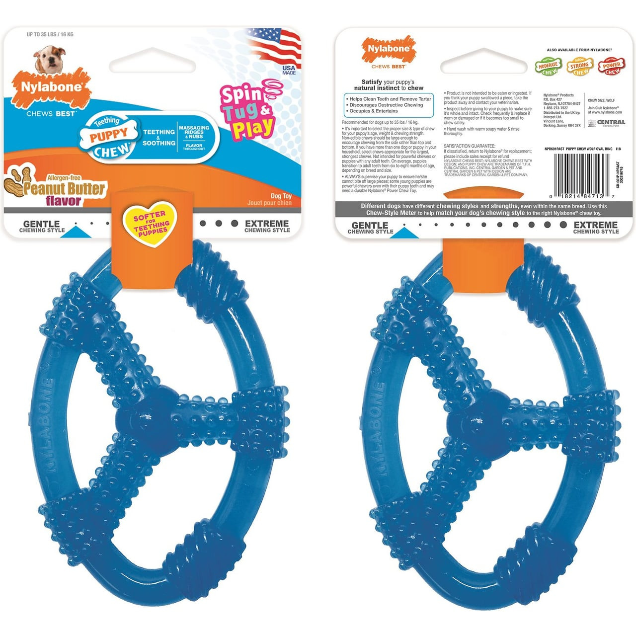 Nylabone Puppy Chew Ring in peanut butter flavor, designed for teething dogs to chew safely.