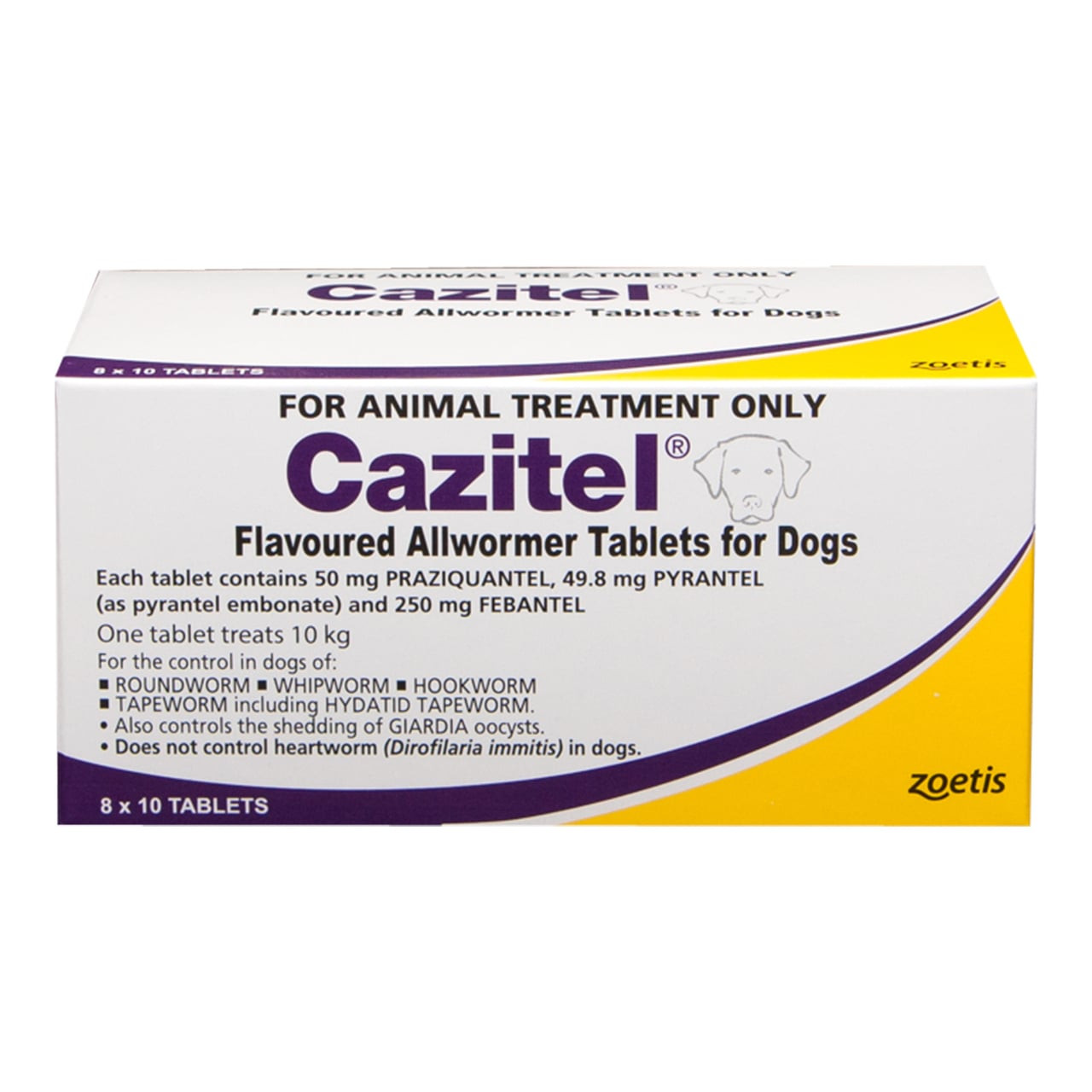 Cazitel Allwormer for Dogs up to 10 kg - 80 flavored tablets for effective parasite treatment.