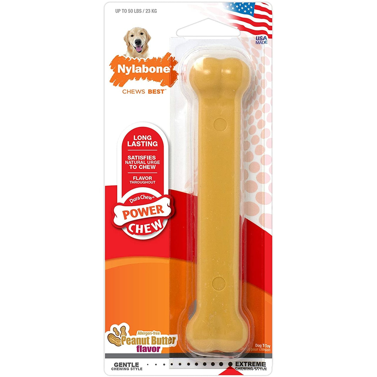 Nylabone Peanut Butter Power Chew toy for dogs, durable, long-lasting, and giant-sized.