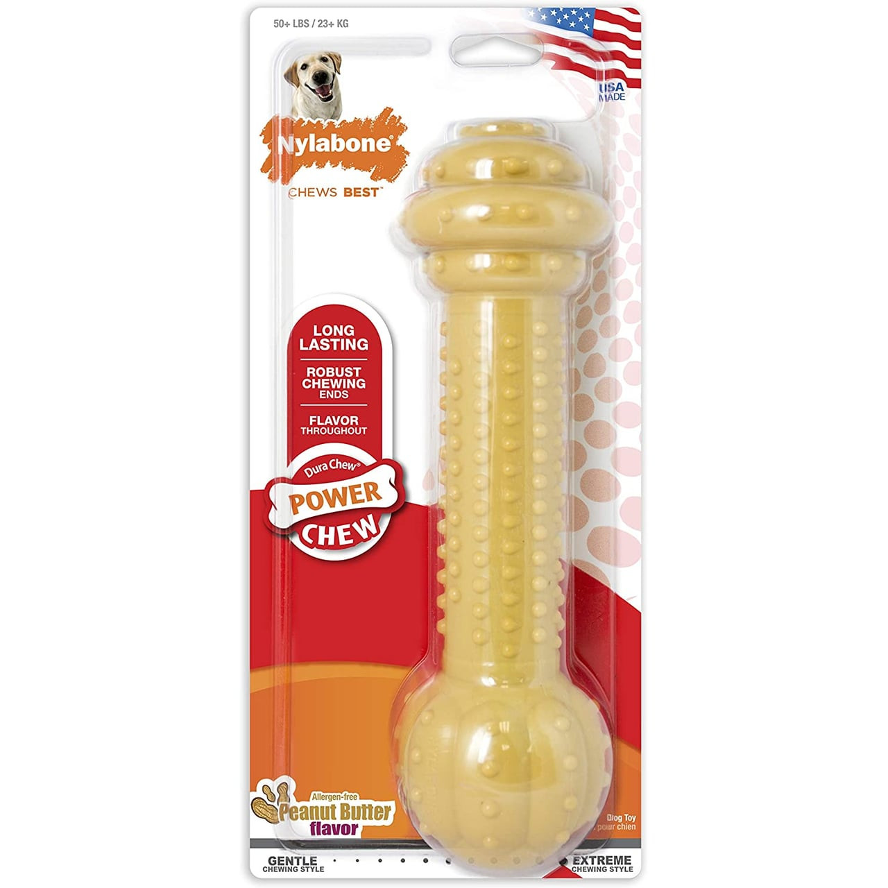 Nylabone Barbell Power Chew dog toy in peanut butter flavor, designed for aggressive chewers.