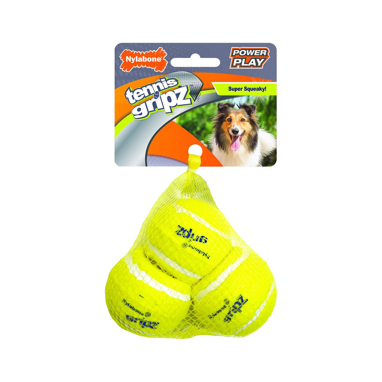 Nylabone Power Play Dog Tennis Ball Gripz 3 pack, bright yellow squeaky balls, perfect for medium dogs.