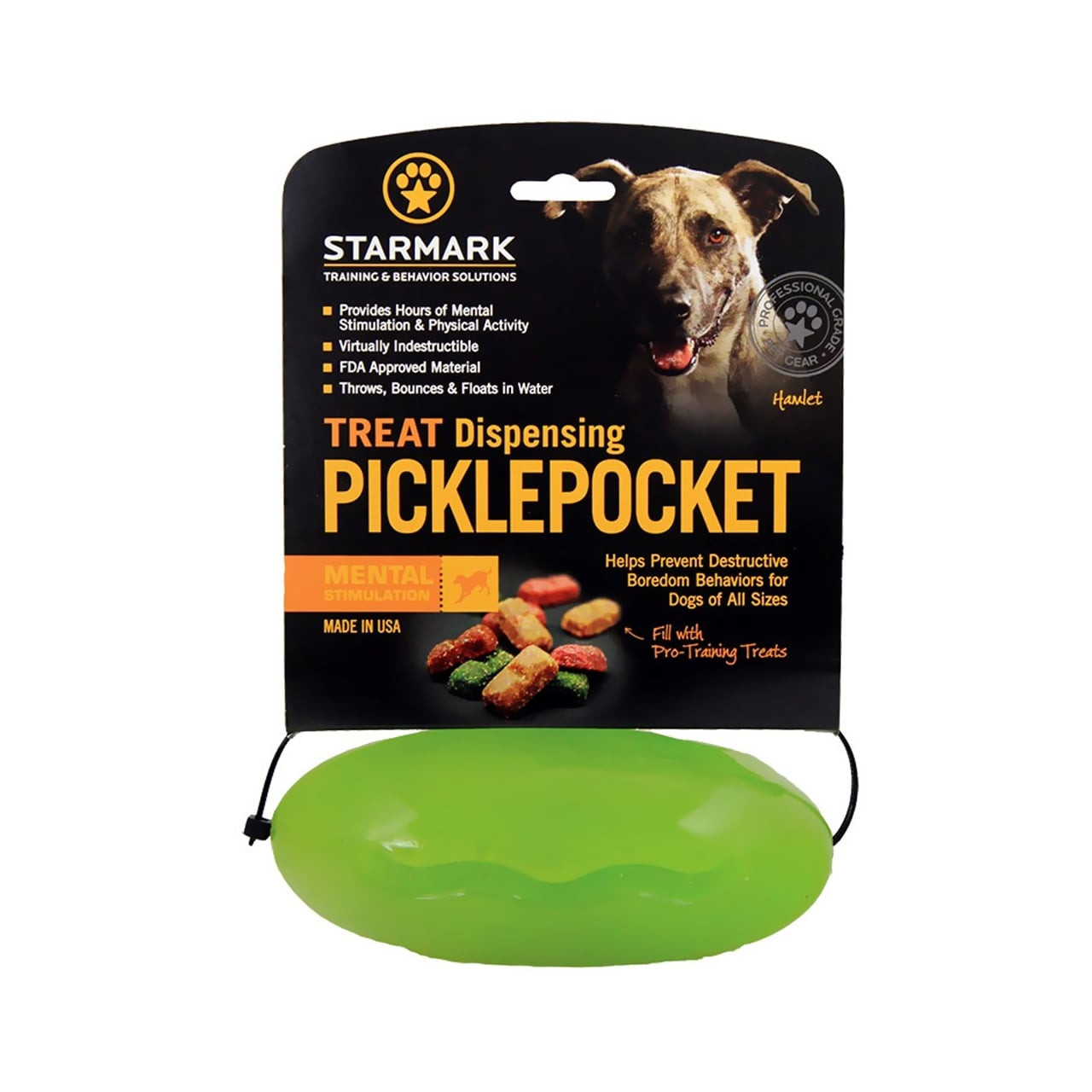 Starmark Pickle Pocket toy in green, ideal for treat dispensing and mental stimulation for dogs.