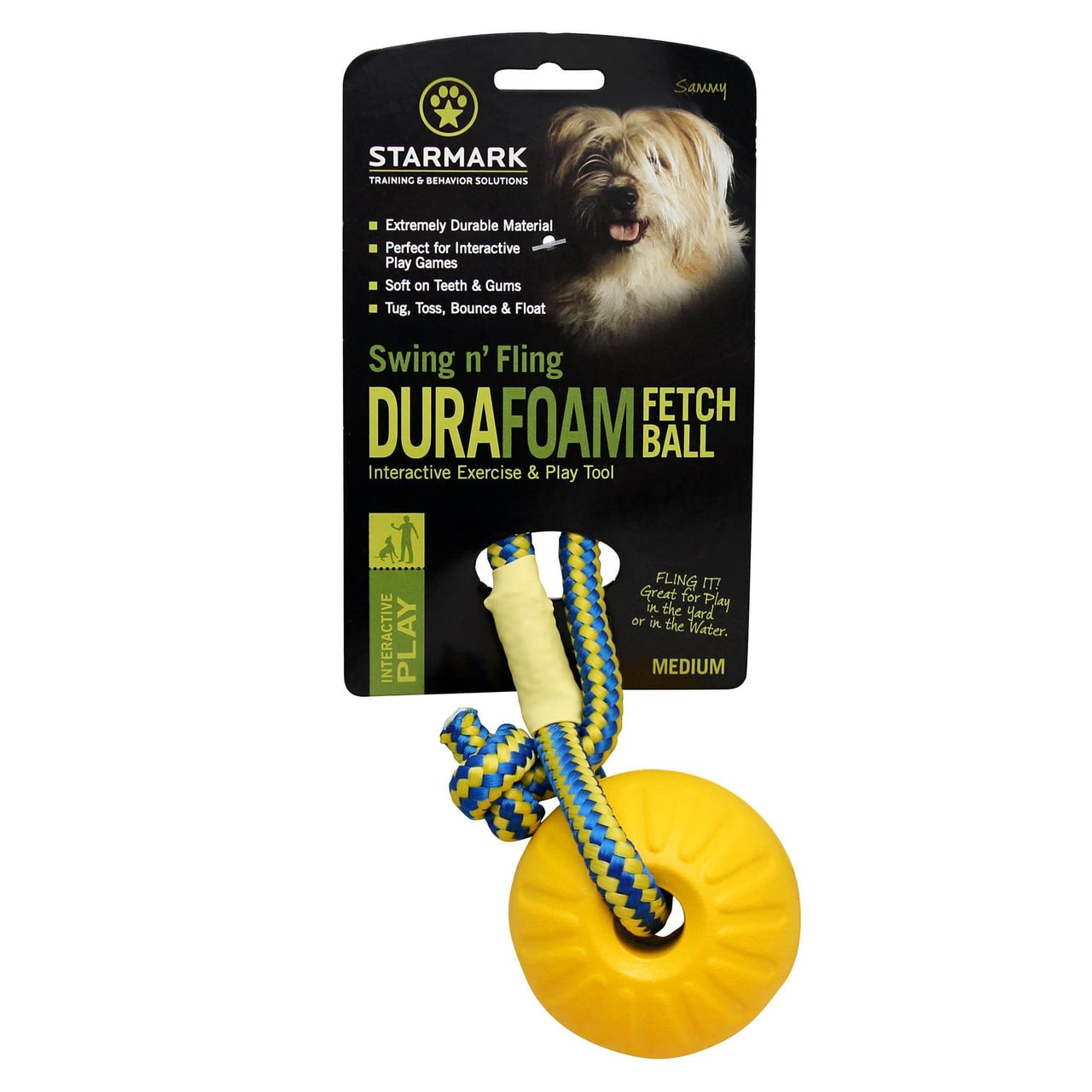 Starmark Swing n' Fling DuraFoam Fetch Ball in yellow, medium size for interactive dog play.