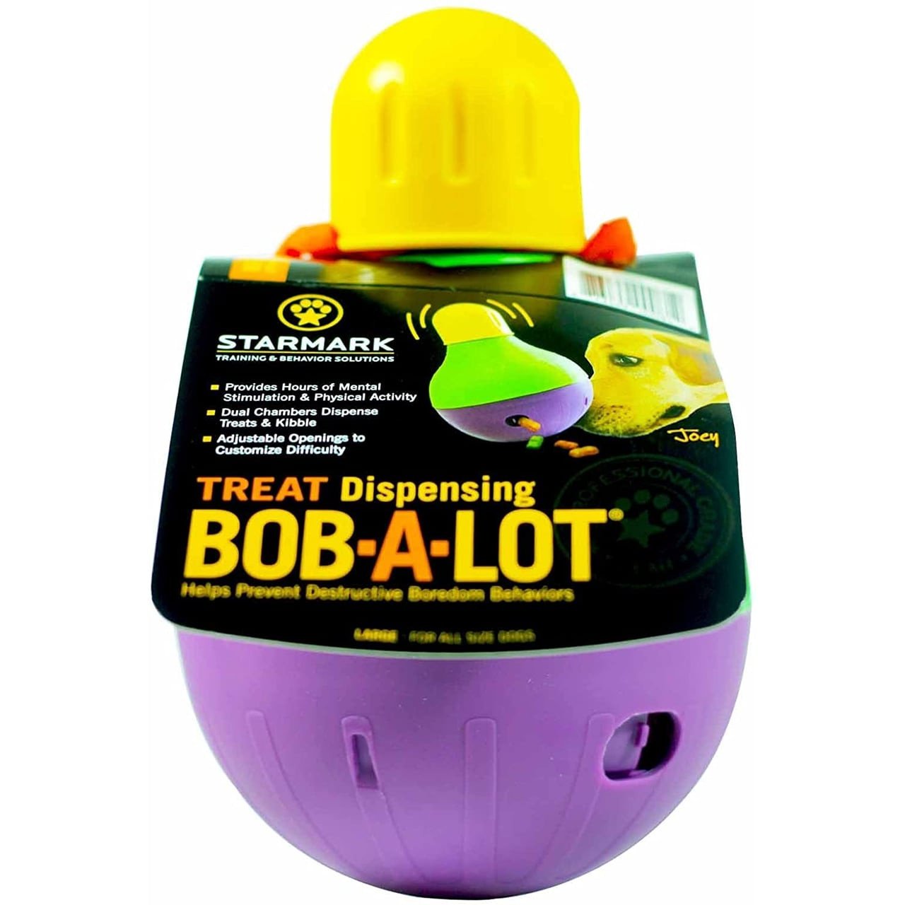 Starmark Bob A Lot large treat dispenser toy for dogs, featuring yellow and purple colors.
